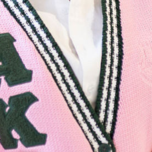 Pink Chenille Varsity <b>Cardigan</b> Women Letter Patch <b>Button</b> Front V Neck Knit Sweater Casual College Style <b>Long</b> Sleeve Fashion - Product Image 4