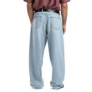 Men's Light Blue Wide Leg Denim Jeans High Waist Loose Fit Casual Style Spring Cotton Fabric Regular Wash - Product Image 5