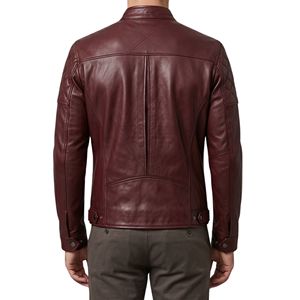 Deep Maroon Dual Zippered <b>Men</b> <b>Leather</b> <b>Jacket</b> Chest Pockets Snap Button Breathable High Quality <b>Leather</b> <b>Jackets</b> - Product Image 2