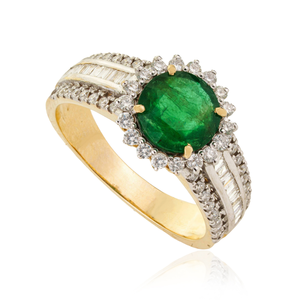 Anillo de Boda de Oro Amarillo K14 con Esmeralda y Diamante de Corte Redondo de 8 mm, Joyería de Alta Calidad con Piedras Preciosas - Product Image 3