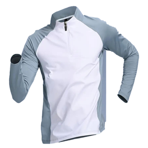 Chemise de sport pour homme, blanche et grise, à blocs de couleur, manches longues, fermeture éclair, ajustée, anti-transpiration - Product Image 5