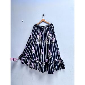 Jupe trapèze rayée à imprimé floral pour femme, taille élastique, volants, longueur genou, style Prairie Chic, 100 % coton, tissu mousseline - Product Image 1
