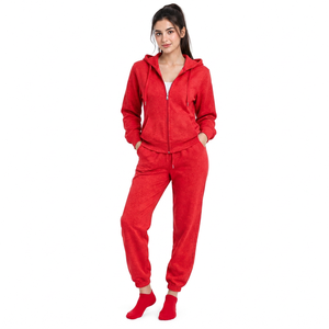 Ensemble de survêtement décontracté pour femme, épais, rouge, délavé à l'acide, texturé, avec sweat à capuche zippé à manches longues et pantalon de jogging - Product Image 1