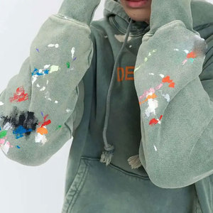 Sweat-shirt à capuche oversize pour homme, vert uni, en coton délavé, molleton bouclette, décontracté, pour l'automne, avec poches, anti-boulochage - Product Image 4