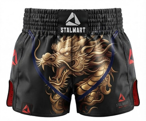 Shorts de Muay Thai Stalwart, design Dragon Noir, accents rouges, coton et polyester durables, séchage rapide, écologiques, toutes saisons - Product Image 2