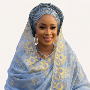 Hijab en Chiffon Brodé Floral pour Femme, Bleu Clair, Foulard Africain Modeste pour Usage Quotidien, Respirant avec Strass - Product Image 1