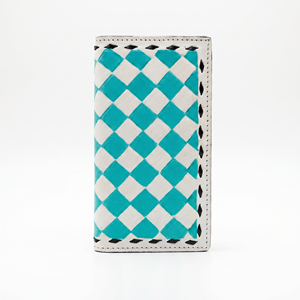 Sky Blue & White Diamond Lattice Geometric Pattern Genuine Leather <b>Long</b> <b>Wallet</b> Handmade Hollow Out Design Fold Closure Daily Use - Product Image 1