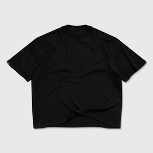 T-shirt noir en maille gaufrée à manches courtes, coupe classique, col roulé, épaules tombantes, décontracté, respirant, 100 % coton, imprimé dessin animé, style hip-hop - Product Image 1