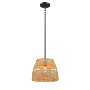 Lampadario a sospensione singolo in stile rustico con paralume in rattan e finitura in metallo nero - Essenza Lampadari e Luci a Sospensione - Product Image 2