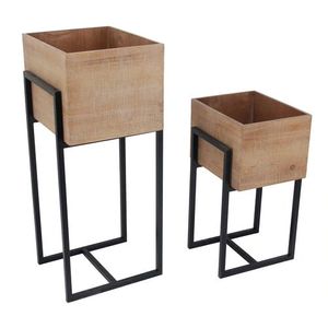Vase de sol carré moderne en bois avec support en métal noir pour l'affichage floral, design minimaliste, Linea Exports Inc LE-MW0004 - Product Image 4