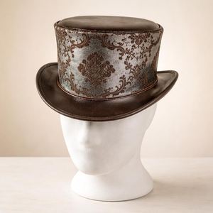 หมวกทรงสูงหนังสีน้ำตาลคุณภาพพรีเมียม งานแฮนด์เมด สำหรับทั้งชายและหญิง พร้อมแถบลายดามัสก์ สไตล์สตีมพังก์ วิคตอเรียน เหมาะสำหรับเป็นของขวัญ - Product Image 1