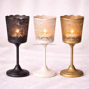 Porte-bougies votifs en métal gravé avec support long – Lot de 3 (Noir, Blanc et Or antique) - Product Image 1