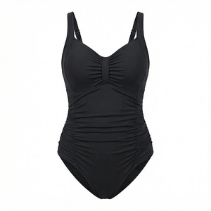 Maillot de bain une pièce pour femme, noir, froncé, décolleté plongeant, effet ventre plat, push-up, couleur unie, en Spandex et Polyester - Product Image 1