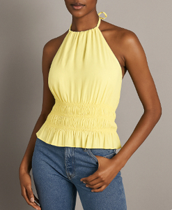 Débardeur chic pour femme à col montant sans manches, drapé, froncé, avec liens à nouer dans le dos, effet satiné, style streetwear personnalisé - Product Image 3