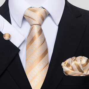 Conjunto de corbata de seda con rayas doradas, pañuelo de bolsillo y gemelos para hombre, accesorios de corbata clásica de jacquard para boda - Product Image 1