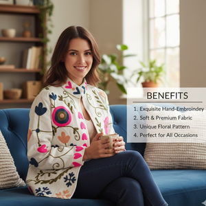 Chaqueta Artesanal Bordada con Flores, Tela de Algodón TNT, Bordado a Mano, Manga Larga, Bolsillos Laterales para Mujer, Estilo Boho Chic - Product Image 3