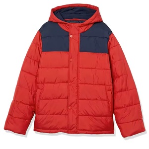 Men's <b>Red</b> <b>Hooded</b> Puffer <b>Jacket</b> Color Blocking Windproof Casual Winter Wear Polyester Shell Regular Fit Button Closure - Product Image 1