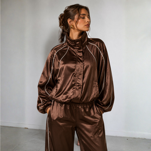 Silk Satin <b>Jacket</b> Funnel Neck Zip Piping Trim Raglan Sleeve Oversized Chocolate Brown Womens Wholesale - Product Image 1