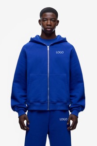 Survêtement à capuche bleu uni pour homme, fermeture éclair intégrale, vêtements de sport décontractés, coupe ample, poches latérales, vêtements d'automne, 100% coton - Product Image 6
