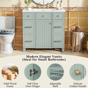 Mobile Bagno in Legno Massello Verde da 36 Pollici con Lavabo in Ceramica, Ante con Chiusura Ammortizzata, Ripiani Regolabili e 3 Cassetti (tra cui 2 Doppi) - Product Image 5