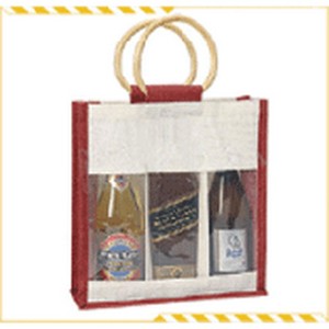 Sac fourre-tout en jute pour bouteille de vin avec fenêtre transparente, poignée en coton, motif géométrique, taille moyenne, design sérigraphié pour bouteilles de vin - Product Image 3