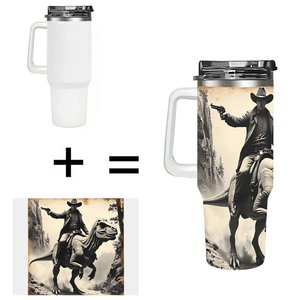 Vaso Térmico Personalizado de 40 oz, Taza de Viaje de Acero Inoxidable con Diseño de Vaquero Montando a un Dinosaurio - Product Image 1