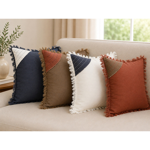 Housse de coussin moderne en lin avec bordure à franges et patch d'angle contrastant |   Housse de coussin carrée décorative effet rouille pour canapé - Product Image 5