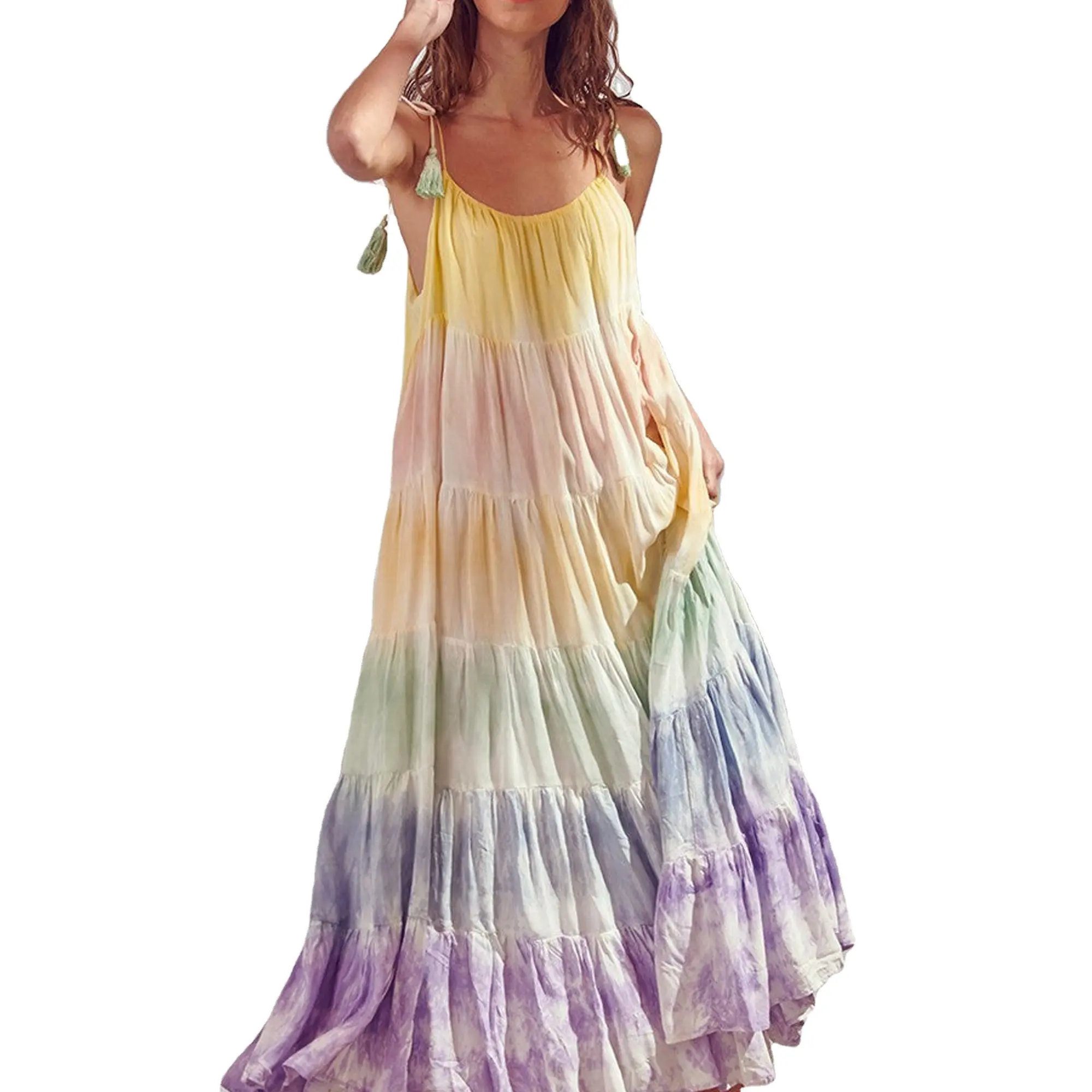 Elegant Designer Multi Color Tie Dye Rayon Women Sexy Backless Ankle Length Tiered Bohemian Marriage Party Maxi Dress