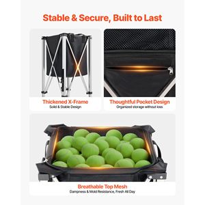 <b>Foldable</b> Stainless Steel Tennis Ball Hopper with 200 Ball Capacity Easy Pick-Up Wheels Portable Polyester Pickleball Basket <b>Cart</b> - Product Image 6