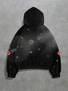 เสื้อฮู้ดดี้ผู้ชายสีดำแบบยูนิเซ็กซ์ พิมพ์ลายริมฝีปาก สไตล์สตรีทแวร์ตัวใหญ่ ตกแต่งด้วยคริสตัล แขนยาวปกติ ผ้าเฟรนช์เทอร์รี่ - Product Image 2