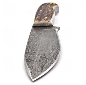 Couteau utilitaire artisanal en acier Damas à motifs, manche en corne de cerf texturée, qualité DIY, personnalisable OEM, pièce d'exposition compacte - Product Image 3