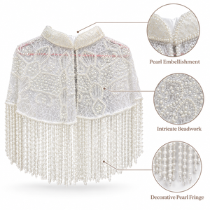 Cape en polyester perlée de perles blanches Conifer Handmades avec broderies complexes et franges pour robes de mariée et de soirée - Product Image 6