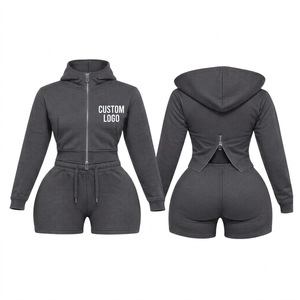 Combinaison courte à capuche noire pour femme, fermeture éclair bleue, impression de logo personnalisé, coupe ajustée, style décontracté, toutes saisons, polyester/coton, séchage rapide - Product Image 1