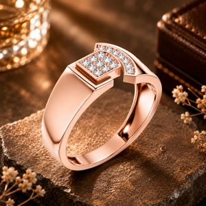 Diamond Studded Geometric <b>Open</b> Signet <b>Ring</b> in Rose Gold for Men Modern Luxury Statement Jewelry Design - Product Image 1