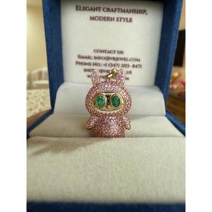 14K <b>Solid</b> <b>Gold</b> Labubu Charm <b>Pendant</b> with Pink Sapphire and Emeralds - Product Image 2