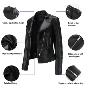 Women's Red PU Leather Moto Jacket Full Sleeve Stand Collar Zipper Closure Solid Color Biker Style Autumn Wear - Product Image 6