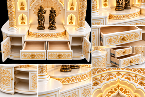 Gran Mandir Moderno con Aspecto de Mármol para Sala de Pooja, Estilo Jharokha, Templo de Madera de Teca para el Hogar, Blanco y Dorado, Mandir para Pooja, EE. UU. - Product Image 5