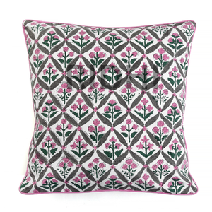 Funda de cojín de algodón con estampado de bloque de mano Rosa sandía con ribete | Funda de almohada de algodón 100% para sofá, cama y decoración del hogar - Product Image 1