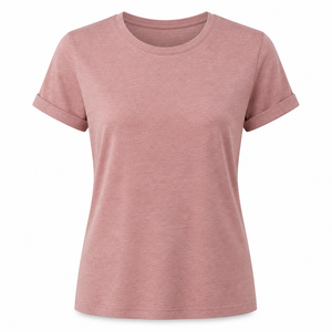 <b>Women's</b> Dusty Rose <b>Rolled</b> Sleeve Crew <b>Neck</b> T Shirt in Melange Cotton Jersey Short Sleeve Casual Top - Product Image 3