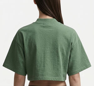 Camiseta Corta Verde de Cuello Alto para Mujer, Precio Económico, Manga Corta, Corte Holgado, Color Sólido, Informal, con Logotipo Estampado, Transpirable, de Algodón Jersey - Product Image 6