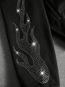 เสื้อแจ็คเก็ตวาร์ซิตี้สีดำสำหรับผู้ชาย กระดุมแป๊ก คอริบบ์ แขนลายกราฟิกเปลวไฟ สไตล์บอมเบอร์ สตรีทแวร์ เสื้อคลุม - Product Image 5