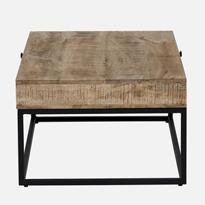 Table basse industrielle moderne en métal et bois massif en bois de manguier, finition naturelle et noire, avec tiroirs de rangement, table de salon - Product Image 5