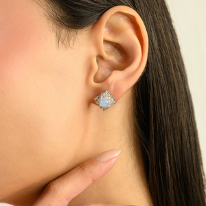 New Design Luxury 925 Sterling <b>Silver</b> Halo Opal & Diamond Minimal <b>Studs</b> Earrings For Girls Part Wear Gift Fine Jewelry - Product Image 2