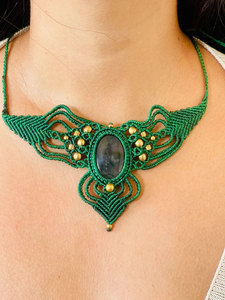 Handmade Labradorite Macrame <b>Statement</b> <b>Necklace</b> Green Intricate Wing Design Natural Gemstone Boho Healing Crystal Jewelry - Product Image 3