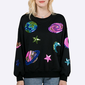 Custom Black Sequin Celestial Crewneck Sweatshirt Women's Hoodies Pullover Long Sleeve Space Design <b>Aesthetic</b> Streetwear <b>Top</b> - Product Image 3