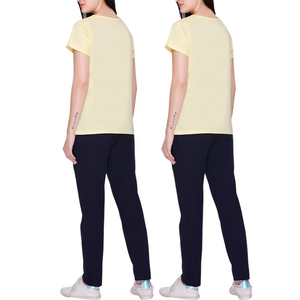 Women's Yellow Short Sleeve Crew Neck T-Shirt With Black Full Length <b>Pants</b> Side Pockets Elastic Waist Casual Summer Wear - Product Image 6