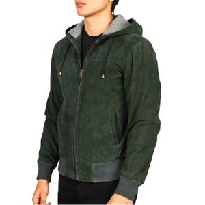 Veste à capuche en cuir de mouton véritable pour hommes et femmes, vêtement d'extérieur vert avec fermeture éclair, poignets en tricot côtelé, teinture unie - Fournisseur OEM 2026 - Product Image 3