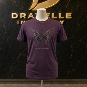 Dravelle Industry <b>Men</b>’s Dark Plum Y2K Cyber Butterfly Graphic T-Shirt, Slim Fit Cotton-<b>Stretch</b> Rhinestone Tee - Product Image 1