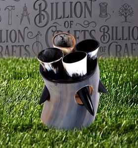 Wholesale Natural Drinking Horn Mug Set of 4 with Wooden Stand Medieval Style Beer Cup Gift Collection - Product Image 2