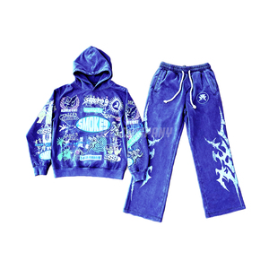 Blue Graphic Hoodie and Sweatpants Set Men Oversized Streetwear Sweatsuit Casual Pullover Hoodie Jogger <b>Pants</b> 2 Piece Set - Product Image 1